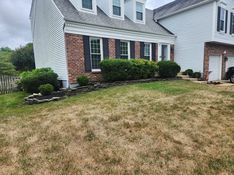 Before — the full front elevation with the original concrete walk, overgrown hedges, and a heat-stressed lawn