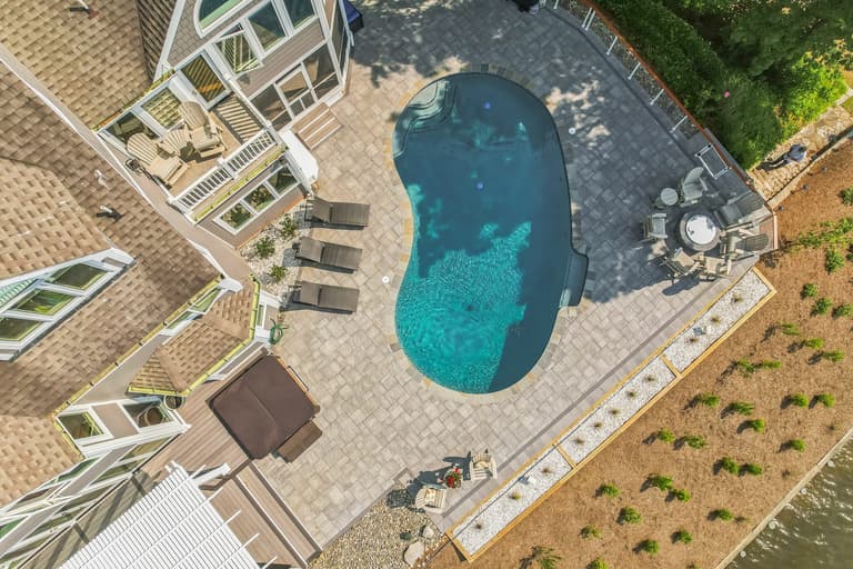 Aerial view of the pool deck and the timber planter boxes along its edge