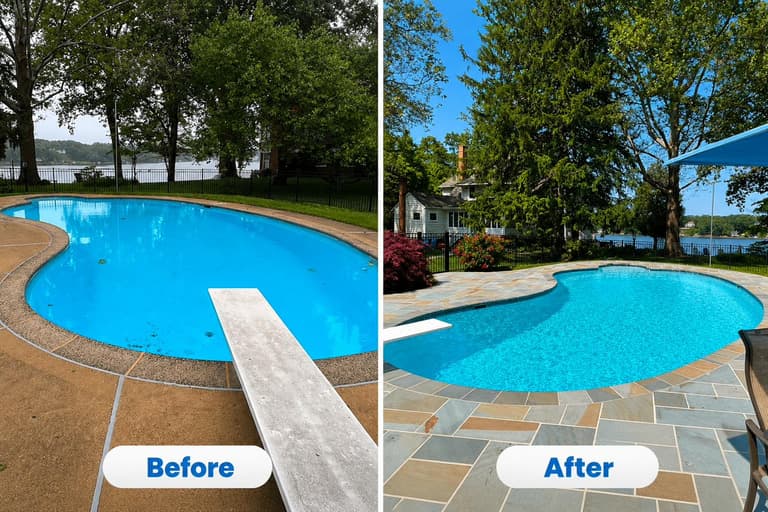 Before and after of a King Cuts pool deck renovation