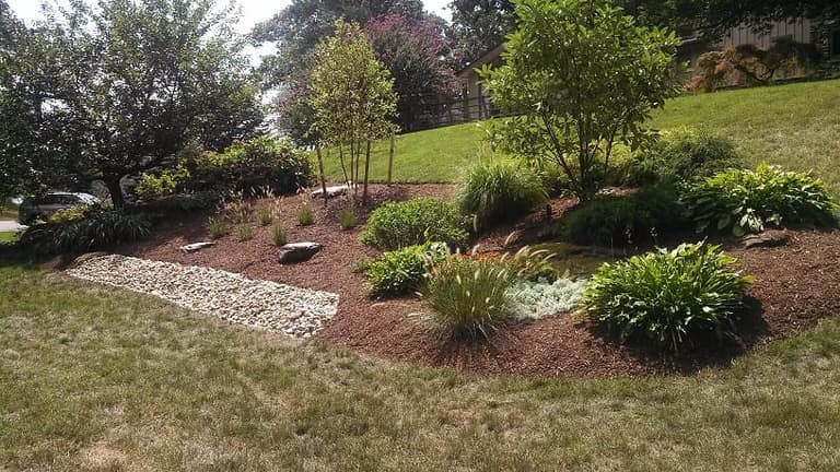 Renovated planting bed with a river-rock drainage swale set into a graded slope