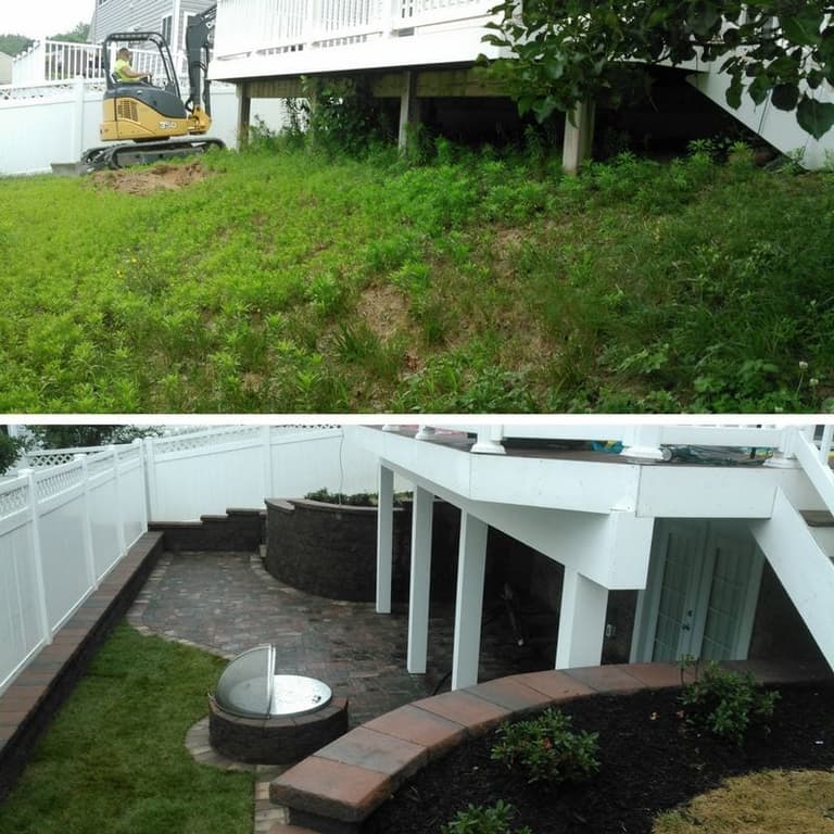 Before and after of an elevated backyard patio and retaining wall