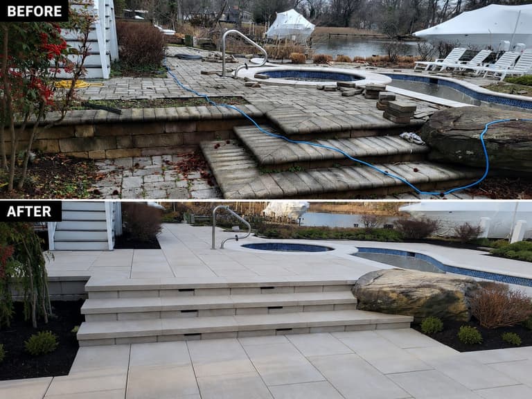 Before and after of a waterfront pool deck rebuilt in large-format slabs with new steps