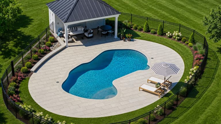 Aerial view of the freeform poolscape and pavilion