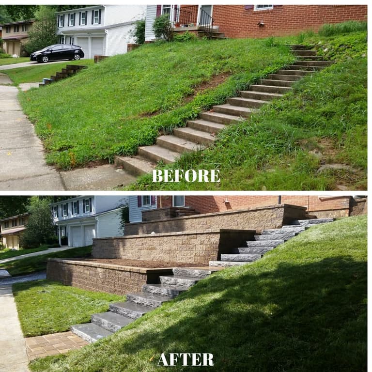 Before and after of a retaining wall and steps on a reclaimed slope
