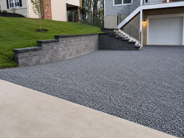 Segmental retaining wall holding the grade along a driveway, with steps up to the garage
