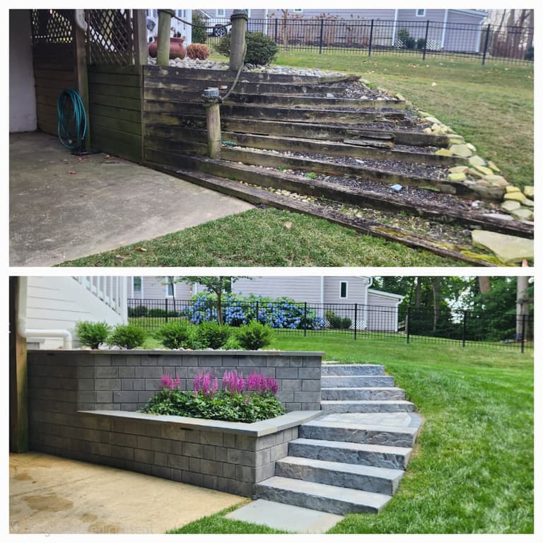 Before and after of a failing timber-tie wall and steps, rebuilt as a segmental block wall with an integrated planter and bluestone tread steps