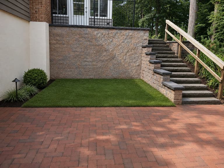 Segmental retaining wall and steps enclosing an artificial-turf terrace above a herringbone brick patio