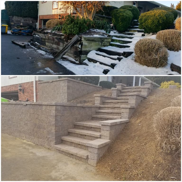Tiered segmental retaining wall with integrated steps