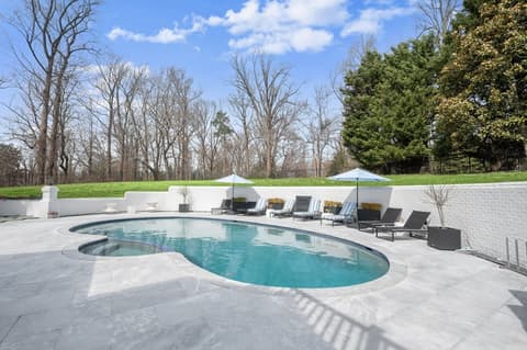 Freeform pool and sandblasted marble deck with lounge chairs